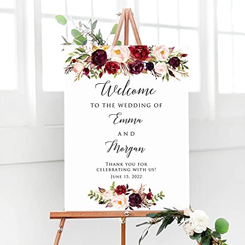 Personalized Burgundy Pink Floral Wedding Welcome Sign, Customized Rehearsal Dinner Couples Shower Anniversary Party Welcome Poster Board Canvas by BlissfulMelodyDesign
