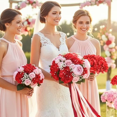 Auihiay 64Pcs Red Hydrangea Artificial Flowers, Fake Hydrangea Flowers - Image 2