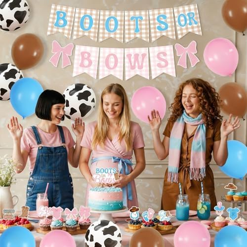 Boots or Bows Gender Reveal Decorations - 235 Pcs Boy or Girl What Will Baby Be Gender Reveal Party Supplies Include Backdrop Balloon Garland Banner Cake Topper Cupcake Toppers Balloon Tools - Image 4