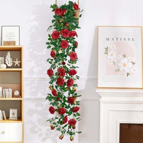 U'Artlines 3 Pack Artificial Red Rose Garlands Flower Vines 19.5 ft - Image 4