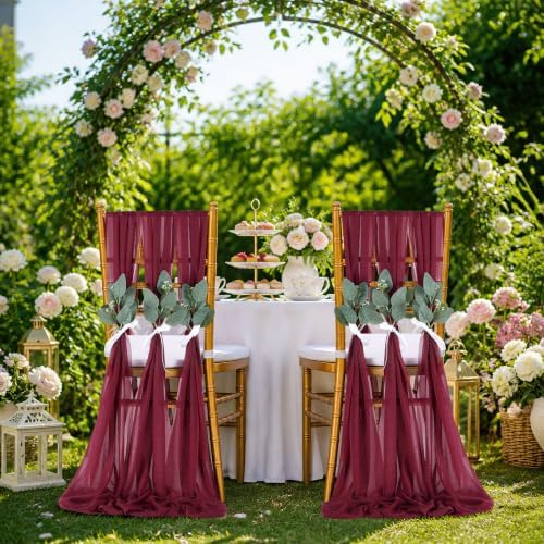QueenDream Burgundy Chair Sashes Wedding: 36 Pieces Long Sheer Wedding Aisle Chair Decorations Tulle Chairs Covers with Artificial Eucalyptus - Image 2