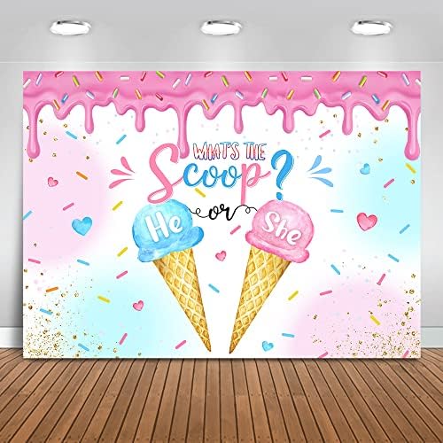 Mocsicka Ice Cream Gender Reveal Backdrop What's The Scoop Background Summer He or She Gender Reveal Party Decorations Banner Photo Studio Props (8x6ft) by Mocsicka