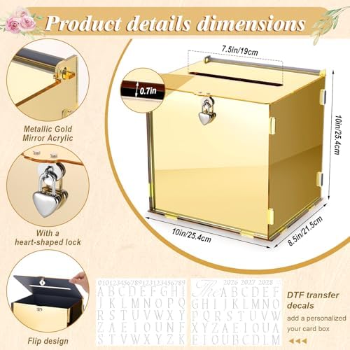 Booson Metallic Gold Mirror Acrylic Wedding Card Box with Lock - Image 2