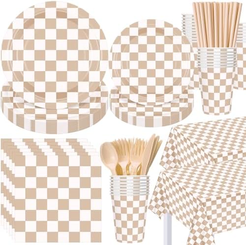 Funnymoom 452 Pcs Beige and Brown Gingham Party Supplies for 50, Beige Checkered Plaid Paper Plates Napkins Cups Tablecloth Cutlery Straws for Picnic Camping Birthday Baby Shower Decoration by Funnymoom