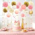 AOBKIAT Pink Gold Party Decorations Set-18 Tissue Paper Pom Poms & 6 Paper Lanterns & 3 Paper Garland Strings for Wedding,Baby Shower,Birthday Party Backdrop & Ceiling Decor by aobkiat