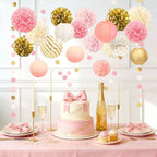 AOBKIAT Pink Gold Party Decorations Set-18 Tissue Paper Pom Poms & 6 Paper Lanterns & 3 Paper Garland Strings for Wedding,Baby Shower,Birthday Party Backdrop & Ceiling Decor by aobkiat