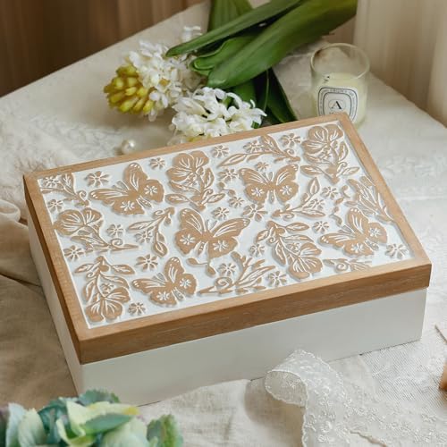 Wooden Keepsake Box - Decorative Wood Boxes with Hinged Lid, Butterfly Engraved Design, 10.24" W - Image 2