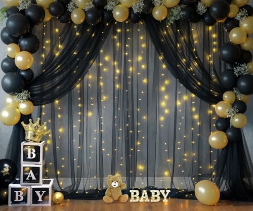 Black Backdrop Curtains with Lights String for Parties Wedding Bridal Shower 10×10ft Sheer Tulle Backdrop Curtain Panels for Baby Shower Birthday Party Photo Shoot Background Wall Decorations - Image 3