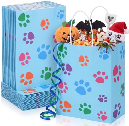 Tenceur 80 Pcs Dog Gift Bags Goodie Paw Puppy Paper Treat Bags Bulk with Handles 10.63 x 4.72 x 7.87 Inch Dog Themed Party Favors Shopping Holiday Kraft(Blue Colorful) by Tenceur