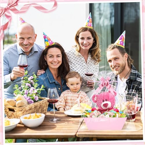 6 Pack Pink Baskets For Gifts Empty, 10x8x3.5" Thick Paper Basket with 6 Clear Bags and 6 Pink Bows, Empty Gift Baskets for Baby Shower Valentine Bridal Birthday Party Wrapping Gift - Image 5