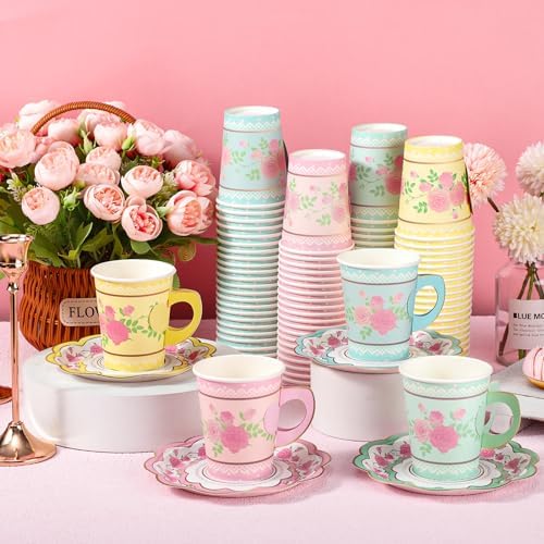 FillTouch 100 Sets Floral Paper Tea Cups and Saucers Disposable Paper Tea Party Supplies 9 oz Cups with Handle and Saucer for Birthday Wedding Party Decorations (Classic Style) - Image 3