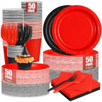 Red and Black Plates and Napkins Party Supplies, Include 9’’ Disposable Paper Plate, 7’’ Dessert Plates and Cups and Napkins Forks Set for Halloween, Christmas, Retirement, Birthday, Serves 50 by CENLBJ