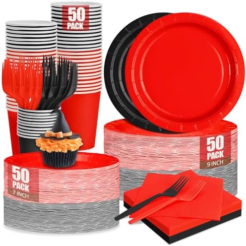 Red and Black Plates and Napkins Party Supplies, Include 9’’ Disposable Paper Plate, 7’’ Dessert Plates and Cups and Napkins Forks Set for Halloween, Christmas, Retirement, Birthday, Serves 50 by CENLBJ