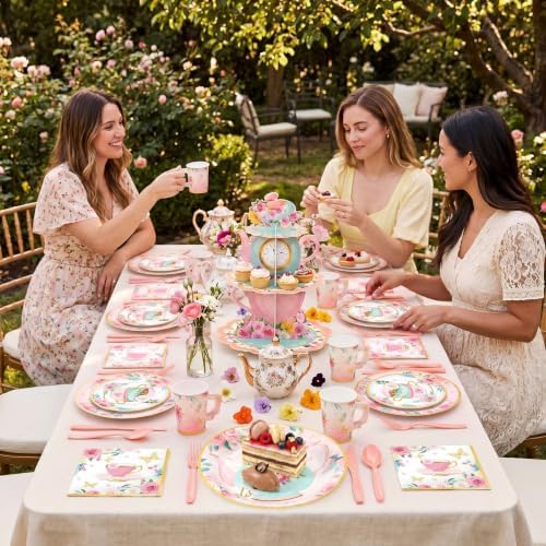 Zopeal 129 Pcs Disposable Tea Party Supplies Teapot Cupcake Stand Vintage Floral Cup Plate Napkin Princess Tea Party Decoration Tableware for 16 Guests Birthday Baby Shower Bridal Wedding Decoration - Image 6