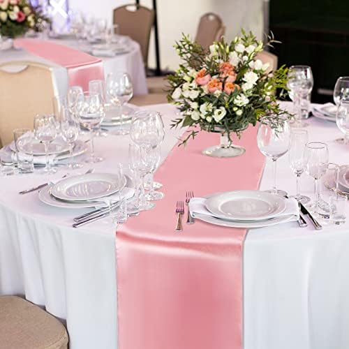 Queekay 24 Pcs 84'' Round Plastic Tablecloth Satin Runner Set, Rose Gold - Image 2