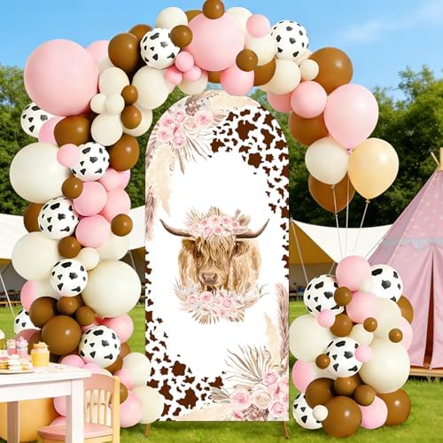 Highland Cow Baby Shower Decorations Arch Backdrop Covers and Balloon Garland Arch Kit 6ft Brown Floral Cow Print Cattle Backdrop for Highland Cattle Birthday Party Baby Shower Decorations Supplies - Image 2