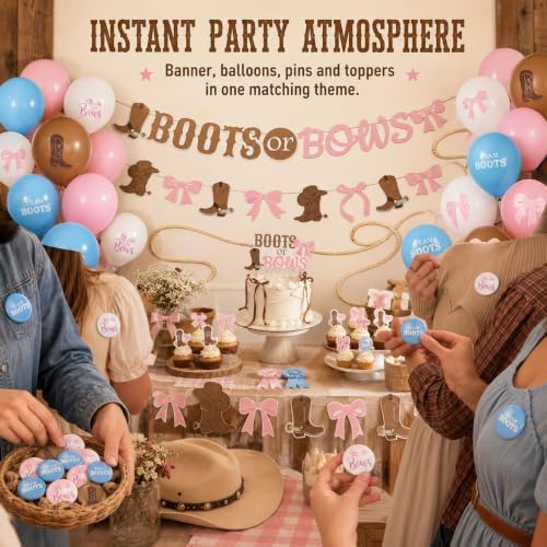 92Pcs Boots and Bows Gender Reveal Decorations Include Banner-Balloons-Cake Topper-Cupcake Toppers-Aluminum Film Balloons Gender Reveal Pins for Boots and Bows Party Decorations - Image 6