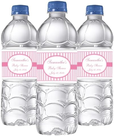 Pink Stripes Baby Shower Water Bottle Labels, Waterproof (Set of 24)(Y693) by FavoriteAnnouncements