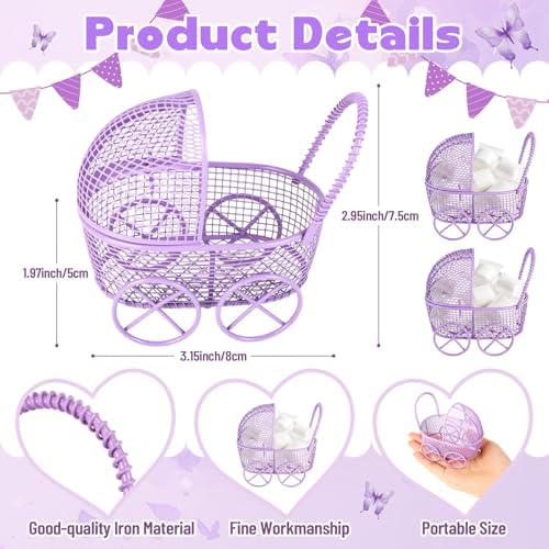 Threehoney 12 Pcs Baby Shower Mini Carriage Decoration Purple Butterfly Color Metal Wired Fillable Candy Stroller Baby Shower Table Centerpiece for Guest Gender Reveal Wedding Party Favor Gift - Image 2