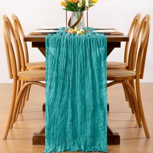 Teal Cheesecloth Table Runner Boho Wrinkled Gauze Table Runners - Image 4