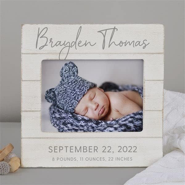 Personalization Universe Personalized Simple and Sweet Baby Shiplap Frame 5x7 Horizontal Picture Frame - Rustic Whitewashed Wood Photo Frame for Newborn, Boy or Girl, Newborn & Family Pictures, Tabletop Display with Easel Back Design - Image 2