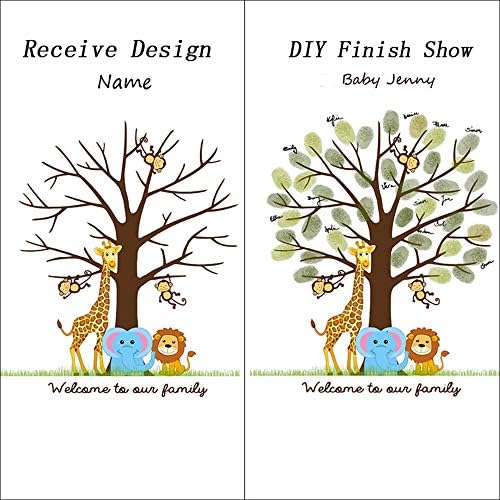 Personalized Fingerprint Tree Guest Book for Girl Baby Shower Lovely Elephant Lion Canvas Painting with Wooden Hanger DIY Signature Sign in Book Communion Gift-60x80cm - Image 3