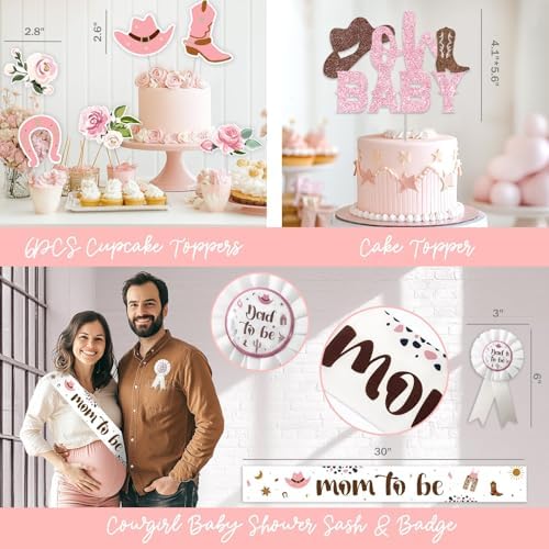 Costova Cowgirl Baby Shower Decorations - 108PCs A Little Cowgirl is On The Way Party Supplies with Backdrop, Balloon, Tablecloth, Sash and Badge for Western Wild West Rodeo Girl - Image 5