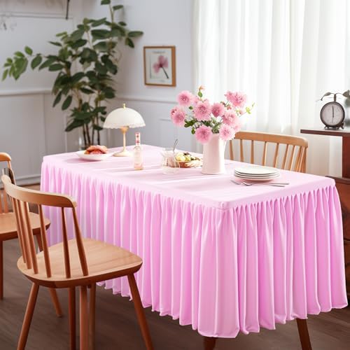 Pink Polyester Table Clothes for 8 Foot Rectangle Tables, Wrinkle Free Fitted Table Cover 8ft Stretch Tablecloths with Skirt for Parties Weddings Birthday Banquet Baby Shower - Image 3