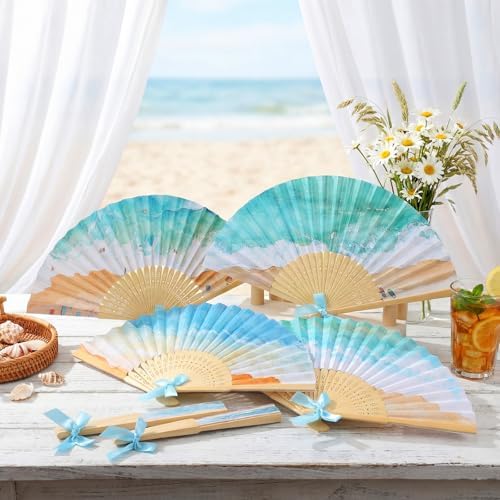 Roowest 36 Pcs Beach Folding Hand Fans Bulk Paper Bamboo Handheld Fan with Bows for Summer Beach Wedding Favors Bule Ocean Waves Fans for Bridal Baby Shower Birthday Party Luau Tropical Holiday Decor - Image 5