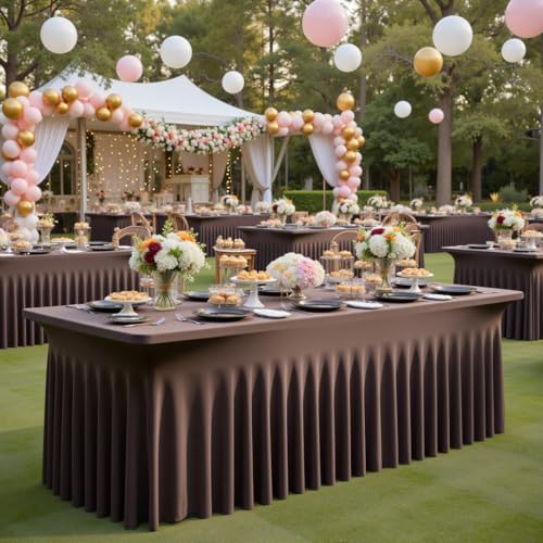 4 Pack Brown Spandex Tablecloths for 6 Foot Rectangle Tables, Wrinkle Free Stretchy Table Cloths 6ft Fitted Table Cover DeskSkirt for Weddings Birthday Party Banquet Baby Shower by Htper