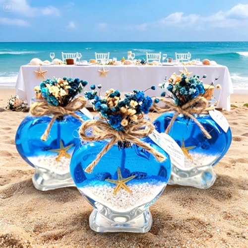 Wedding Favor Guest Bulk, Set of Heart Glass Candle Party with Custom Sticker and Dried Flowers for Guest in Bridal Party, Baby Shower Gifts (Blue Gel White Sand, Set of 100) - Image 2