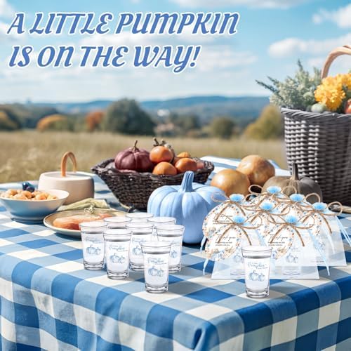 Funnymoom 50 Sets Blue Pumpkin Baby Shower Favors for Guests Souvenir a Little Pumpkin Is on the Way Acrylic Clear Shot Glasses Thank You Tags with Organza Bags for Party Decorations - Image 5