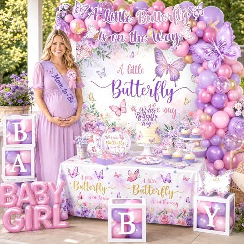 Butterfly Baby Shower Decorations for Girls A Little Butterfly Is On The Way Disposable Paper Plates,Balloons Arch,Napkin,Cake Topper,Backdrop for Pink Purple Butterfly Baby Shower Party Supplies - Image 6