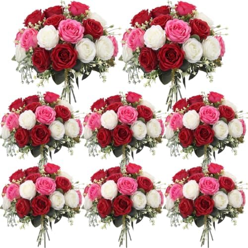 Geosar 8 Bundles Artificial Peonies Flowers,Red, Rose Red, White by Geosar