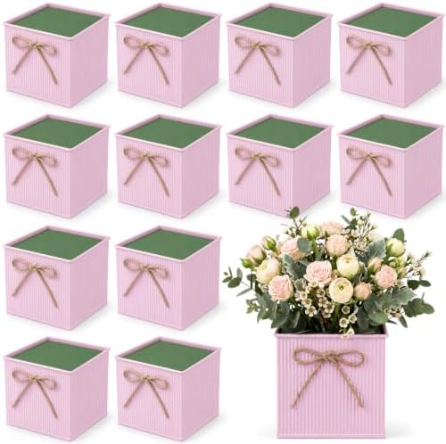 12 Pack Galvanized Square Vases with Floral Foam 3.5 Inch, Pink by Unknown