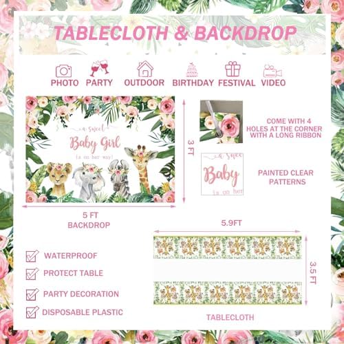 147 PCs Safari Baby Shower Decorations for Girl, Party Inspo Jungle Themed Baby Shower Décor Backdrop Balloon Garland Artificial Leaves Banner Tablecloth Cake Cupcake Topper Boxes Cutout Deer Pink - Image 4