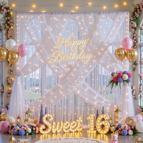 20ft x 15ft White Tulle Backdrop Curtain with Lights String for Parties Wedding Bridal Shower Sheer White Curtain Backdrop for Birthday Party Baby Shower Photo Booth Decorations - Image 3