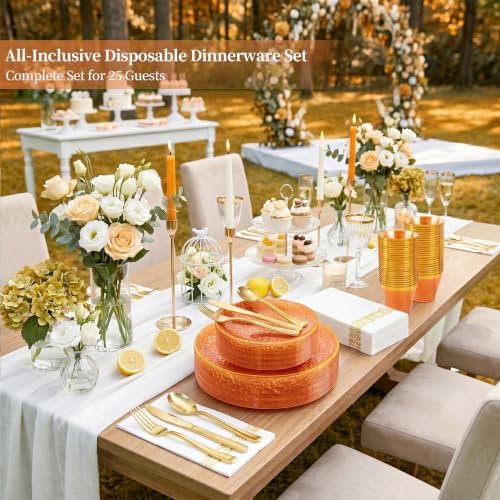 DaYammi 175PCS Clear Orange Plastic Dinnerware Set for 25 Guests - Image 2