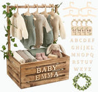 Wooden Baby Shower Crate Closet & Basket with Hanger Rack - Customizable Gift Basket with 2x Alphabet Letter Sets, Hangers, Dividers, Ivy Garland,Nursery Decor Girls Boys(Rustic Burnt Wood) by Unknown