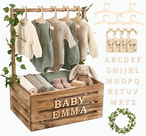 Wooden Baby Shower Crate Closet & Basket with Hanger Rack - Customizable Gift Basket with 2x Alphabet Letter Sets, Hangers, Dividers, Ivy Garland,Nursery Decor Girls Boys(Rustic Burnt Wood) by Unknown