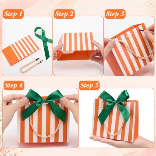 FunooFuno 50 Pack Orange Stripe Gift Bags with Green Bows, 5.5 Inches - Image 3