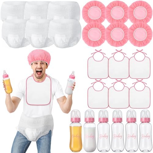 6 Sets Bottle Chug Baby Shower Games Juegos Para Plastic Baby Bottles Bibs Hat Disposable Diapers Gender Reveal Games Baby Changing Diaper Race Game Decoration (Pink) by giftlyze