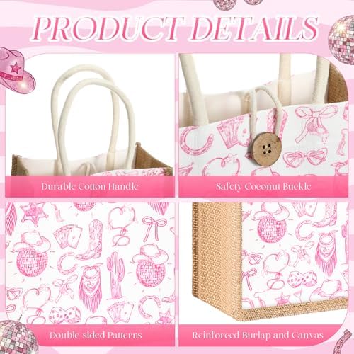 Abbylike 8 Pcs Cowgirl Party Favors Bags Burlap Pink Western Gift Bag Canvas Disco Cowgirl Boot Hat Goodie Tote Bag with Handle Disco Birthday Party Decor for Bridal Shower Bachelorette Rodeo - Image 3