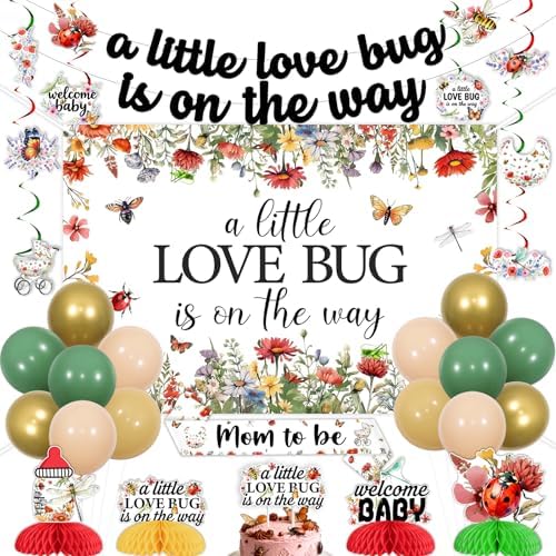 Love Bug Baby Shower Party Decorations - A Little Love Bug is On The Way Banner Backdrop Wildflower Insect Themed Honeycomb Centerpieces Hanging Swirls, for Ladybug Butterfly Gender Reveal Supplies by Blisstock