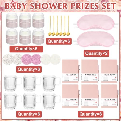 Ctosree 6 Set/48 Pcs Pink Baby Shower Game Prizes for Winners Include Ceramic Mug, Spoon, Notebook, Pen, Coaster, Scented Candle, Eye Mask and Gift Box for Wedding Bridal Baby Shower Games Prize Gift - Image 2