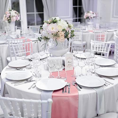 Queekay 24 Pcs 84'' Round Plastic Tablecloth Satin Runner Set, Rose Gold - Image 6
