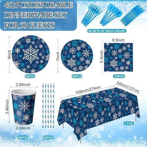 Funnymoom 452 Pcs Dark Blue Winter Snowflake Party Supply 50, Plate Cup set - Image 2