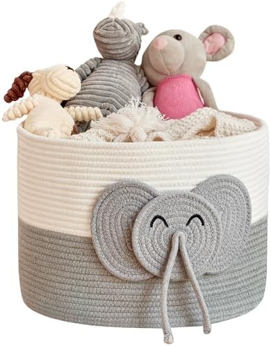 R RUNKA Large Elephant Cotton Rope Basket - Versatile Baby Hamper and Toy Basket, Perfect Basket for Baby Shower Gifts, Stylish Laundry Basket, Round Basket for Children's Storage (15"x15"x11") by RRUNKA