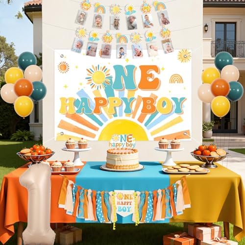 Cheereveal Boho Sun 1st Birthday Decorations Blue and Orange, One Happy Boy Backdrop Banner, Sunshine Photo Banner Cake Topper, Sun Rainbow Themed First Birthday Baby Shower Party Supplies for Boy - Image 3