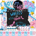 Hombae Wheels or Heels Gender Reveal Decorations, 169 PCs Boy or Girl Gender Reveal Decorations Backdrop Balloon Garland Banner Tablecloth Cake Cupcake Topper Box Cutout Poster Sash Pink Blue by Hombae